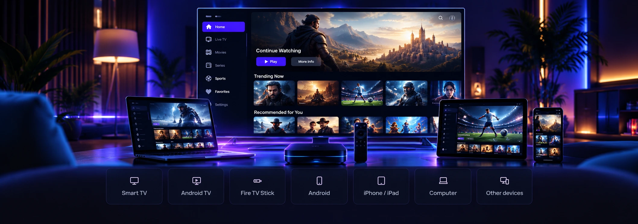 Living room at night with a large TV showing a streaming app home screen, surrounded by a laptop, tablet, smartphone, streaming box and remote that all display the same player